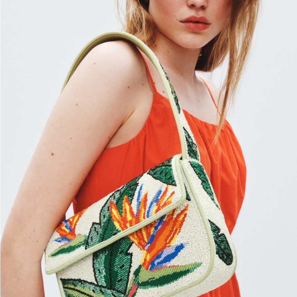 STAUD White Beaded Shoulder Bag with Green Leaves and Orange Floral Accents - Picture 2 of 9